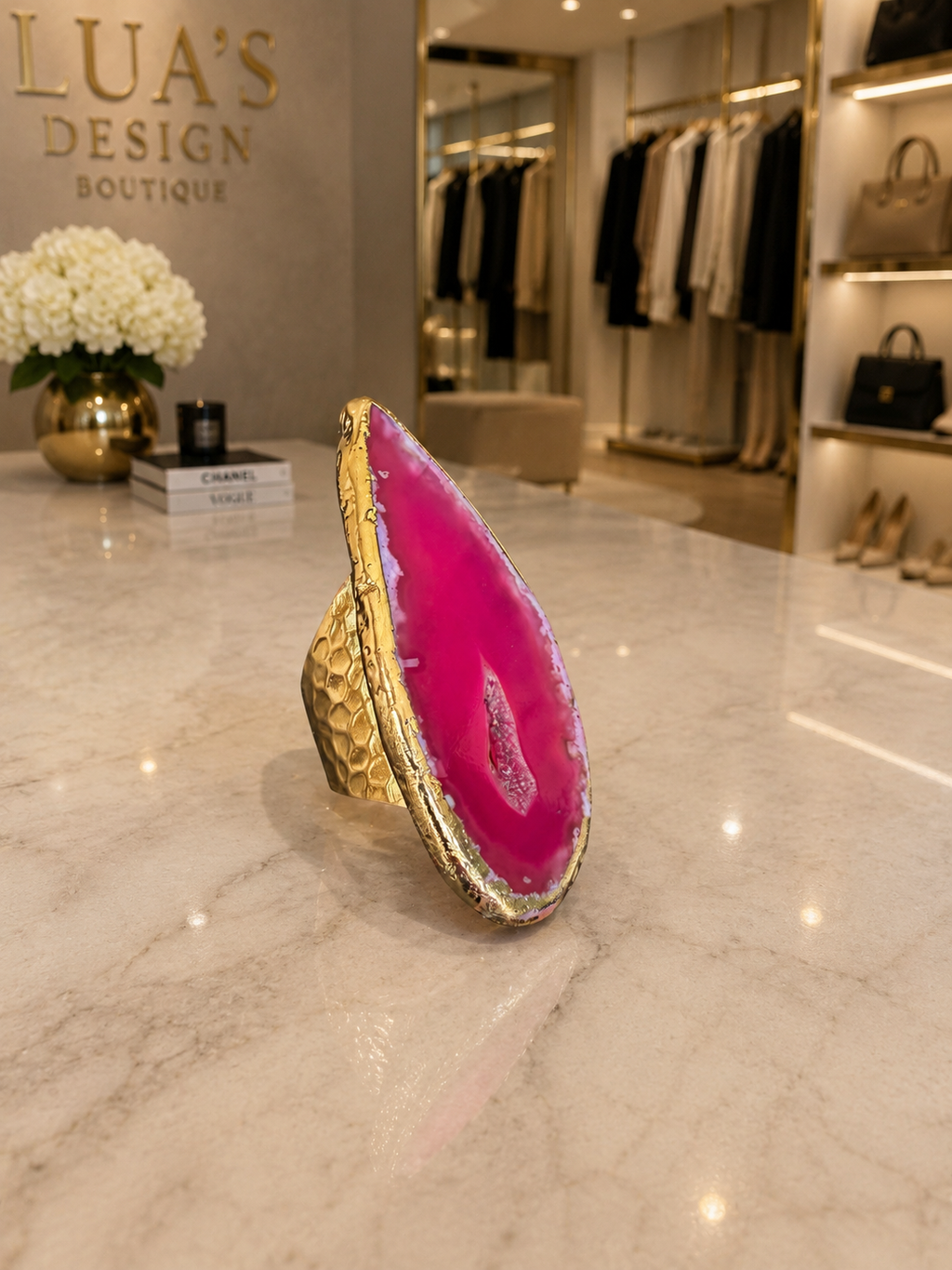 Pink Natural Agate Druzy Ring