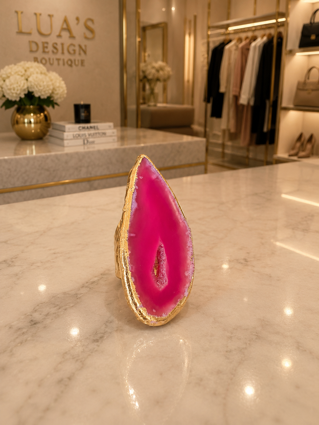Pink Natural Agate Druzy Ring