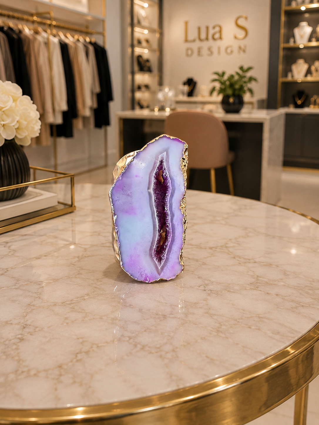 Natural Geode Agate Druzy Crystal Ring Hammered Gold Plated