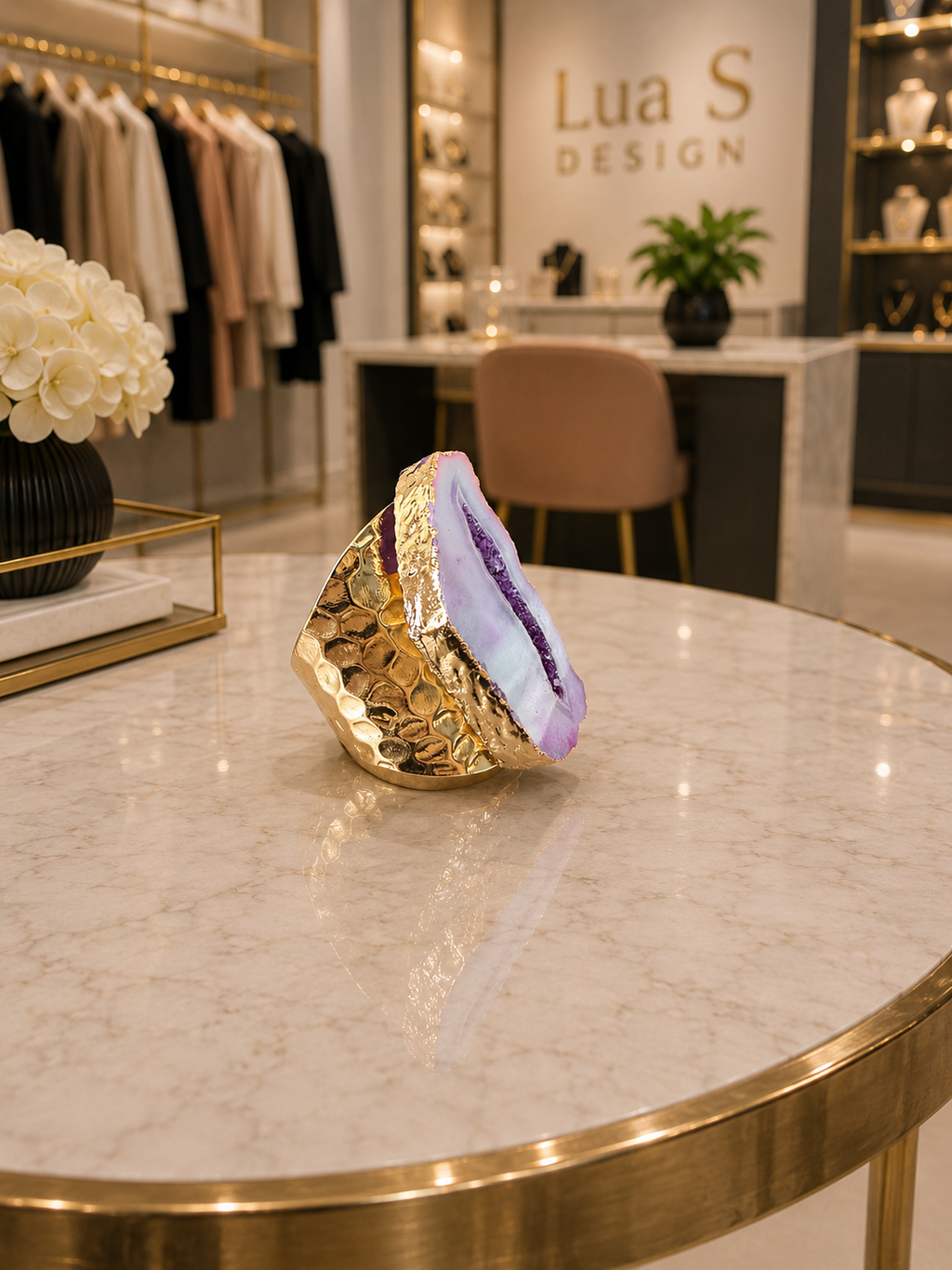 Natural Geode Agate Druzy Crystal Ring Hammered Gold Plated