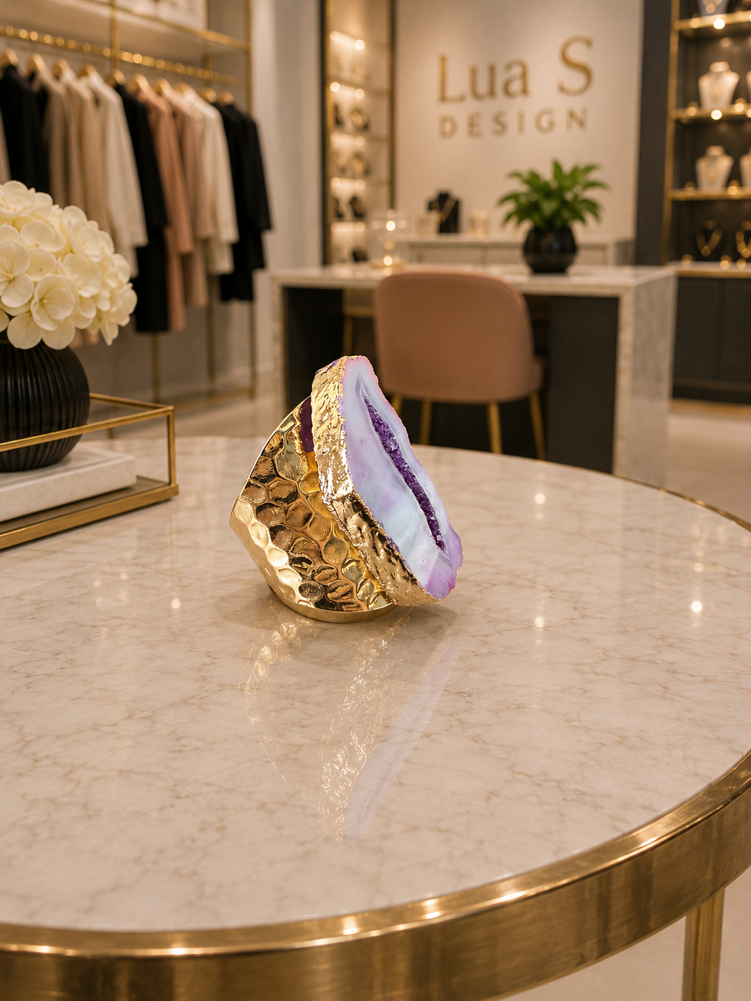 Natural Geode Agate Druzy Crystal Ring Hammered Gold Plated